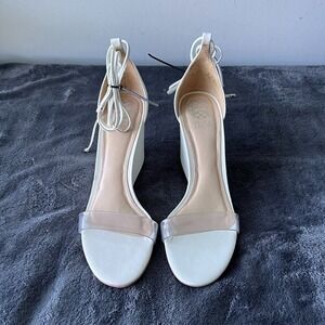 Vince Camuto Stassia White Leather Clear Strap Lace Up Wedge Sandals 8.5M